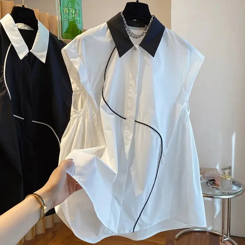 

Turn Down Collar irregular Shirts Sleeveless Shirt Casual Black line Design Blusas Mujer De Moda Pleated Doll Blouse Tops Women