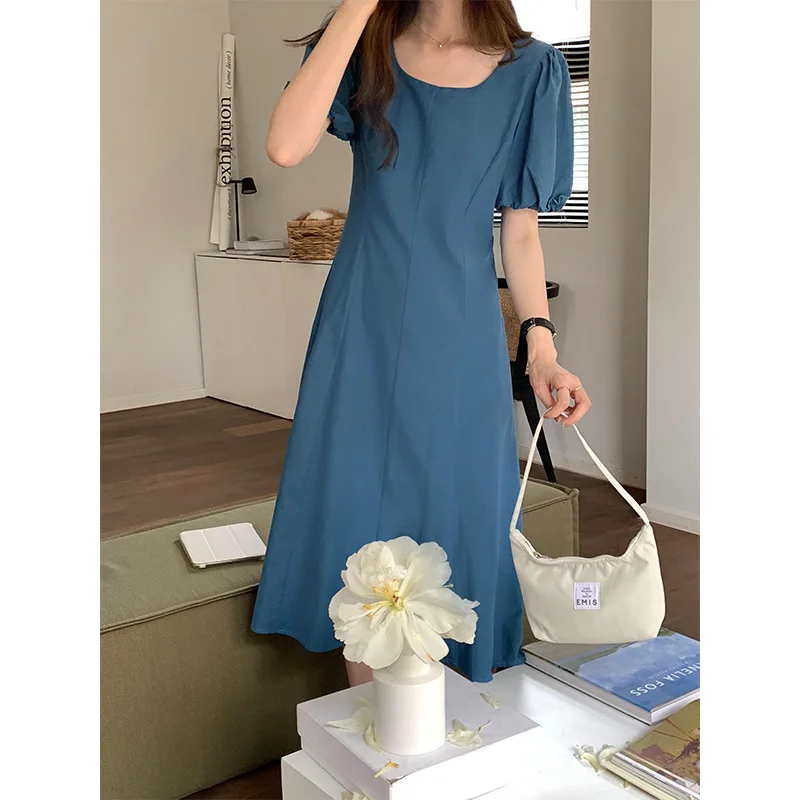 

Blue Color Puff Sleeves Women Ball Gown Dress Square Neck Cotton Fabric Lady Retro Long Dresses Vestidos