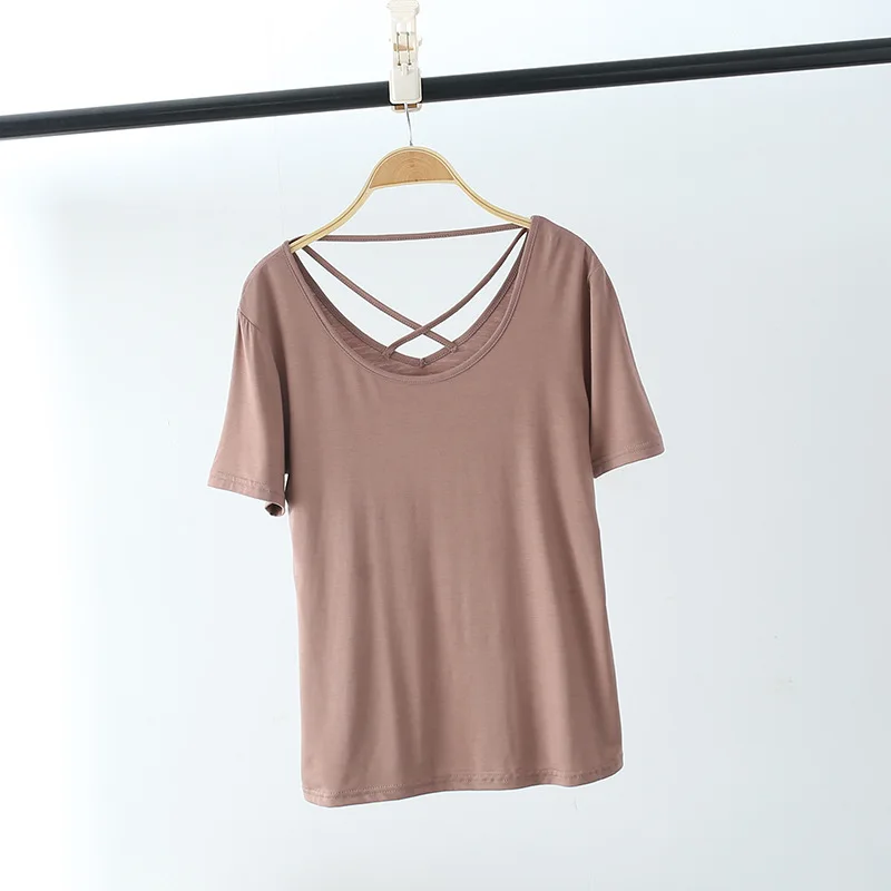 Summer 2023 New Women's Pajamas Short Sleeve Top modal Undercoat Ladies Casual Thin Open Back T-shirt Round Neck Home Wear
