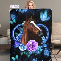blue fannel blankets cute horse with rose floral print warm plush blanket throw for sofabedcouch cozy soft sherpa quilt mantas