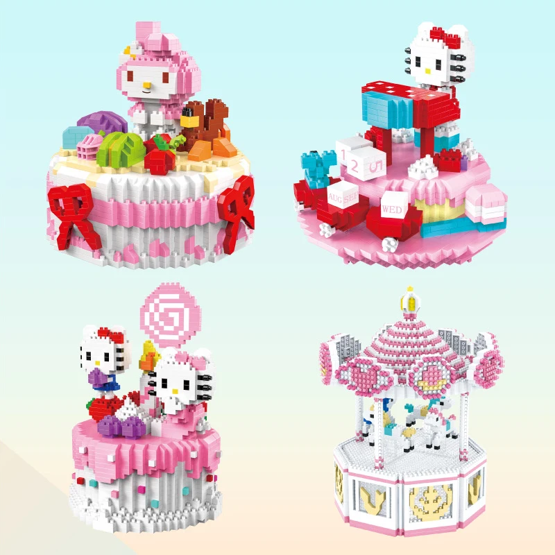 Sanrio аниме Мелодия Hello Kitty мелкие строительные блоки головоломка в сборе карусель