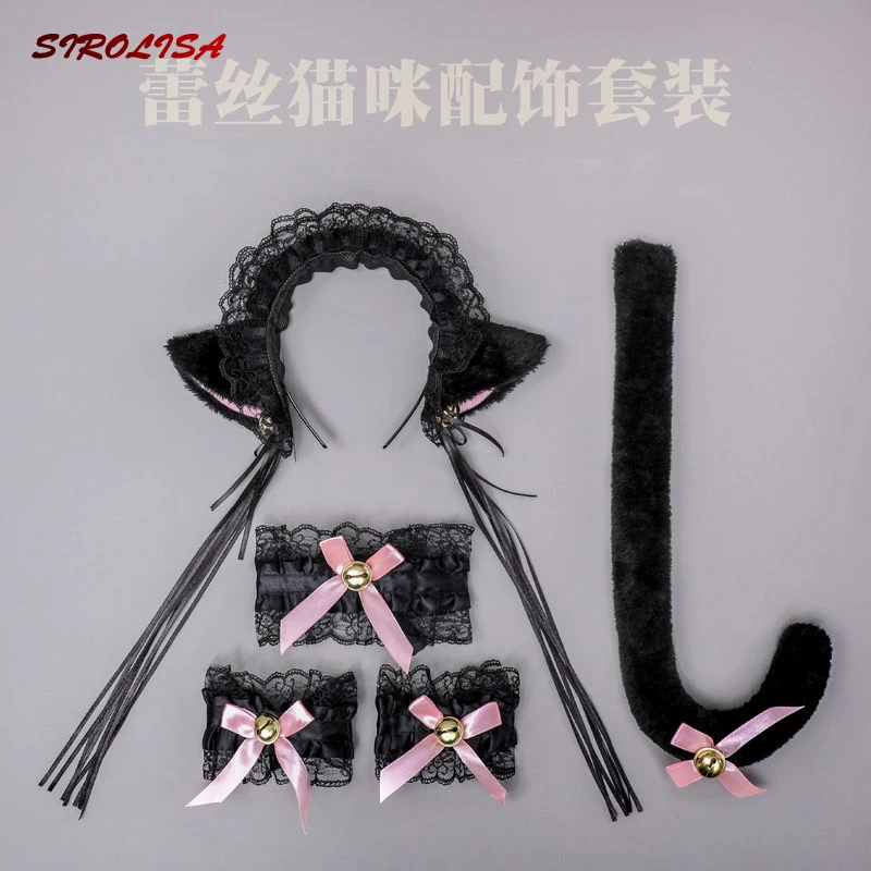 

SIROLISA 4PCS Lolita Lace Cat Ears Headbands Cosplay Hair Hoop Girl's Gothic Headwear Cat Headpiece Plush Bowknot Bell 2022 New