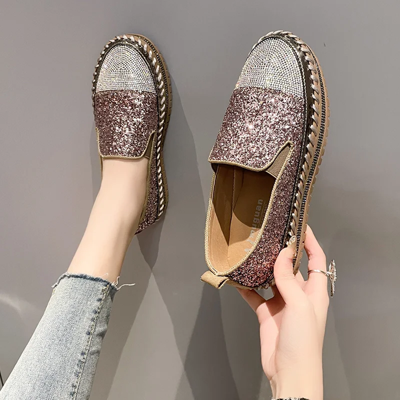 

Luxury Women Flats Rhinestone Bling Sewing Platform Loafers Slip on Sewing Shallow Fashion Casual Shoes Ladies Footwear