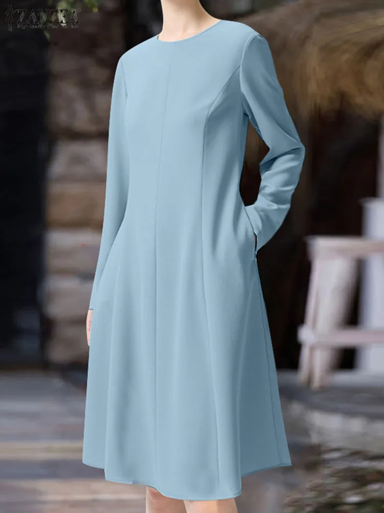 

Модное праздничное платье ZANZEA с длинным рукавом, женское однотонное платье миди, Осенние повседневные свободные платья с талией, новинка 2023 года, платья с круглым вырезом