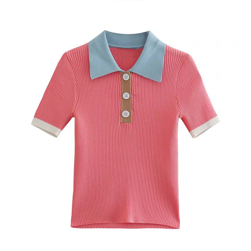 

ZATRHMBM 2022 Женская весенне-летняя новая модная однобортная женская футболка в стиле ретро в полоску с плотным вязаным лацканом