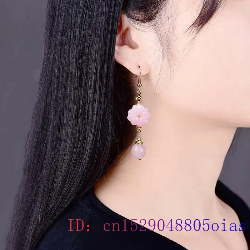 Pink Jade Flower Earrings Fashion 925 Silver Chinese Charm Jewelry Natural Carved Gemstones Gift Women Vintage Stone Luxury images - 6