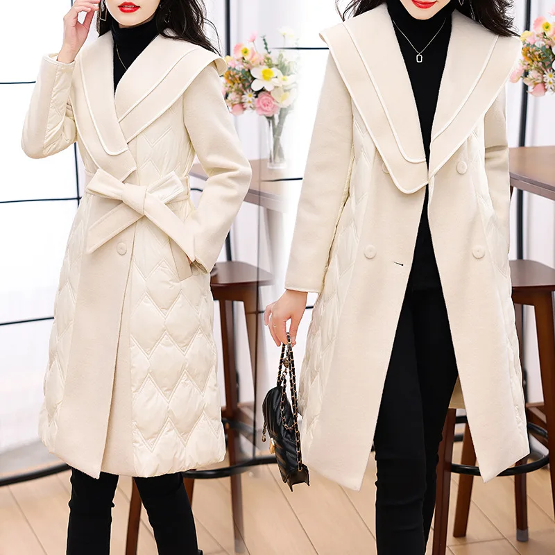 The New Contrasting Color Patchwork Small Woman Double White Eiderdown Coat with Navy Collar Camperas De Mujer Chaqueta Plumas