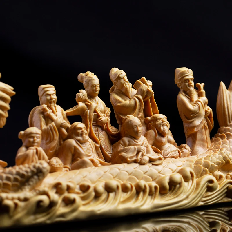 Самшит 21 см Восемь богов Дракон Лодка Скульптура Резьба по дереву Китайские