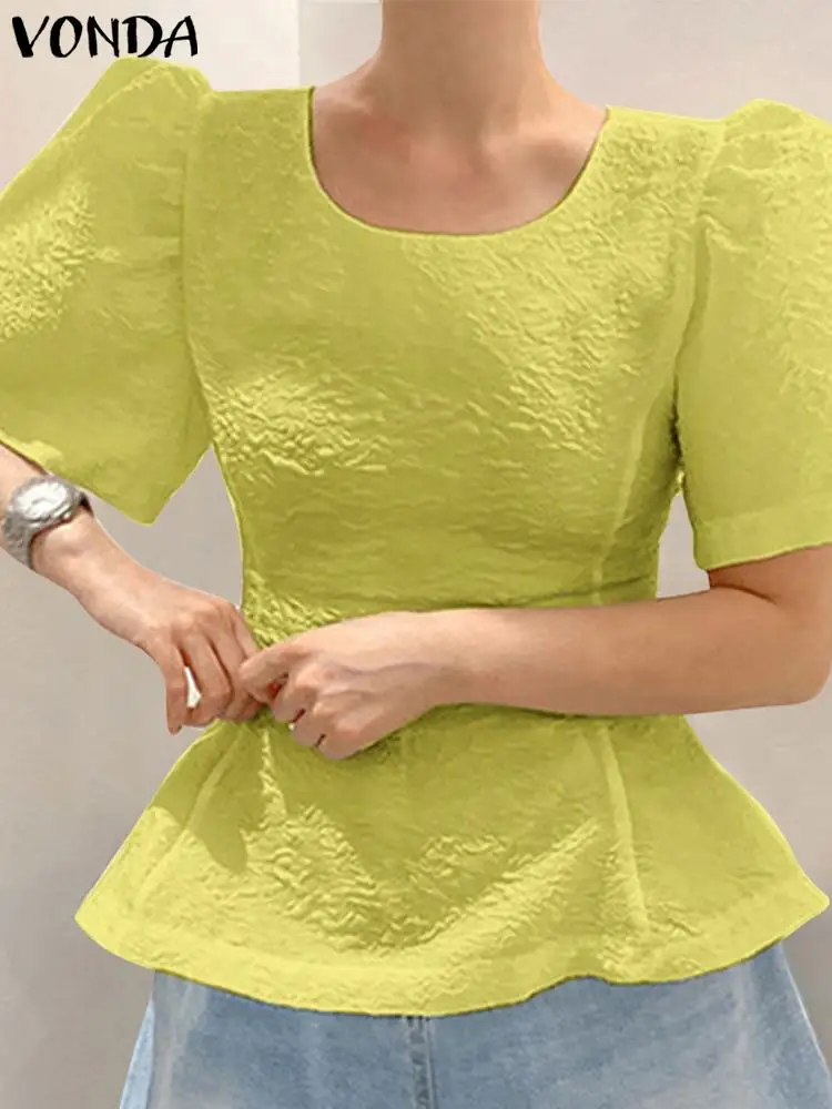

Women Blouse VONDA 2022 Casual Short Sleeve O Neck Blouse Female Shirts Summer Casual Pleated Tunic Tops Blusas Feminina