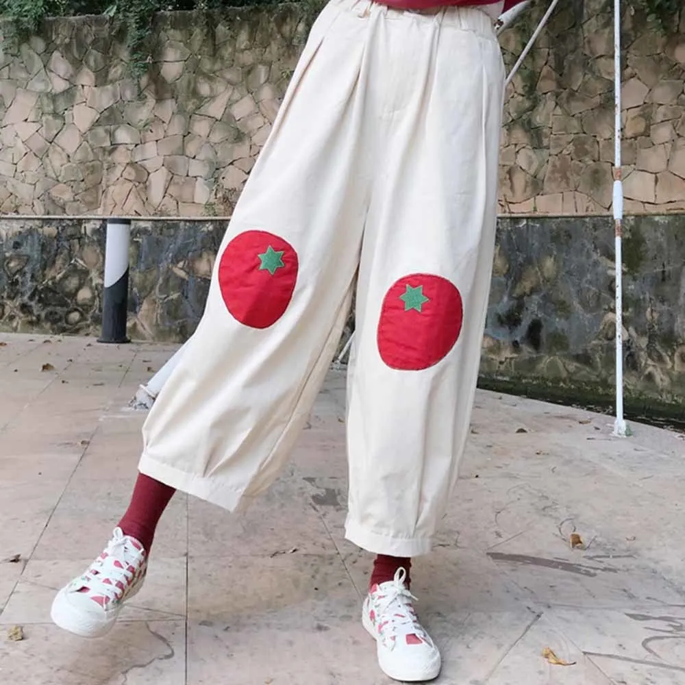

2 Color New Summer Cute Tomato Patch Wide-leg Pants Female Loose Women Pants Harajuku Kawaii Casual Soft Sister Pants Mujer