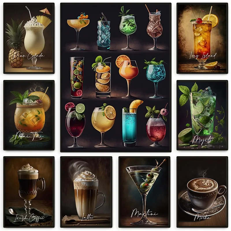 Современный постер для напитков коктейлей вина кофе мартини и Мохито Картина на