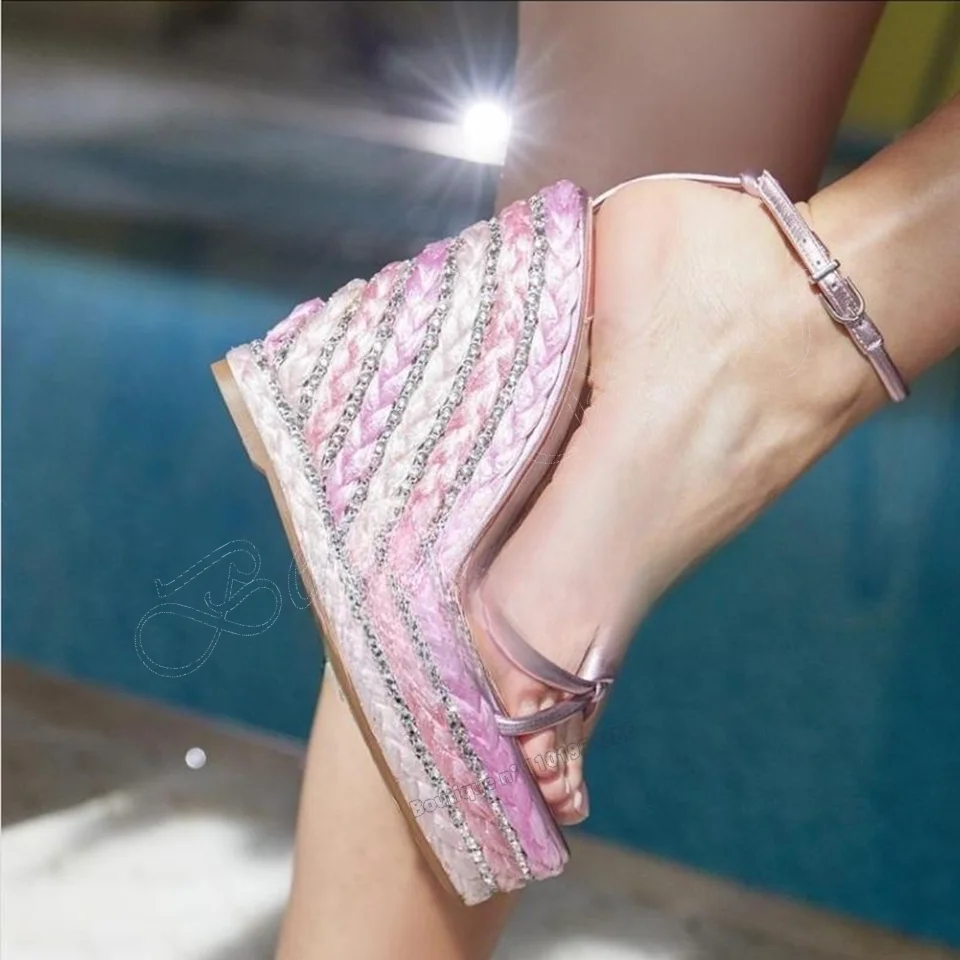 

Женские босоножки на танкетке, розовые свадебные туфли с открытым носком, на высоком каблуке, с пряжкой на щиколотке, 2023