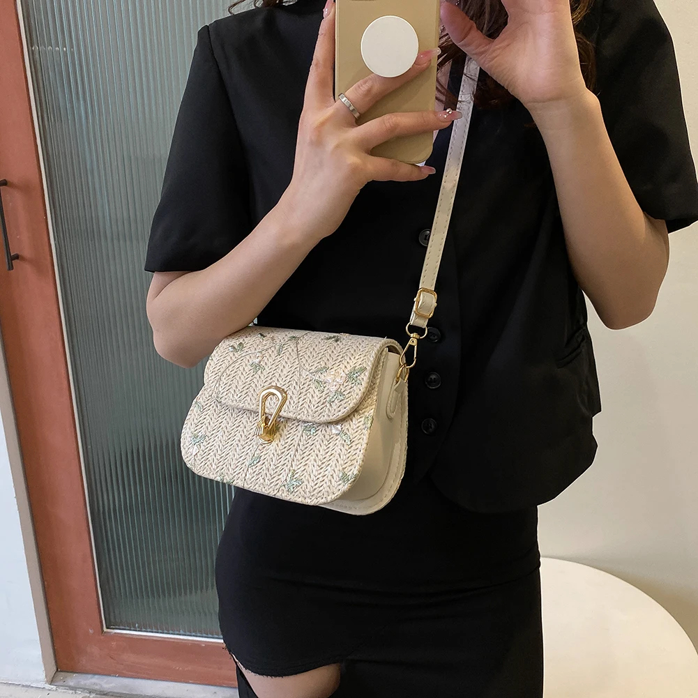 Женская соломенная сумка через плечо с регулируемым ремешком вязаная крючком