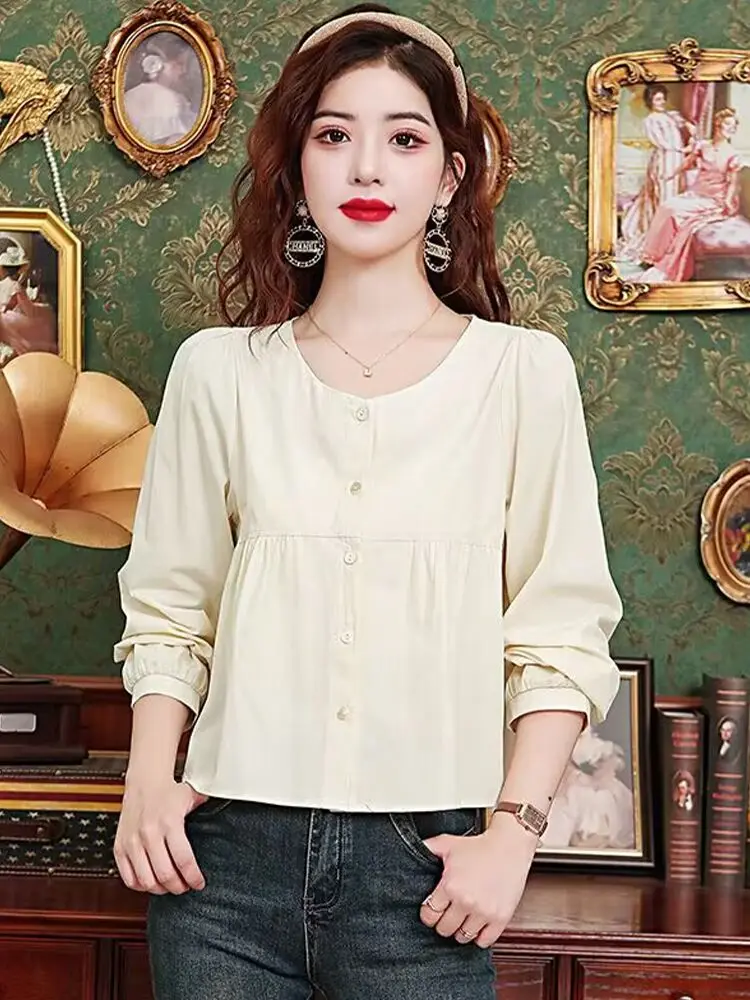 Рубашка женская шифоновая с длинным рукавом и круглым вырезом