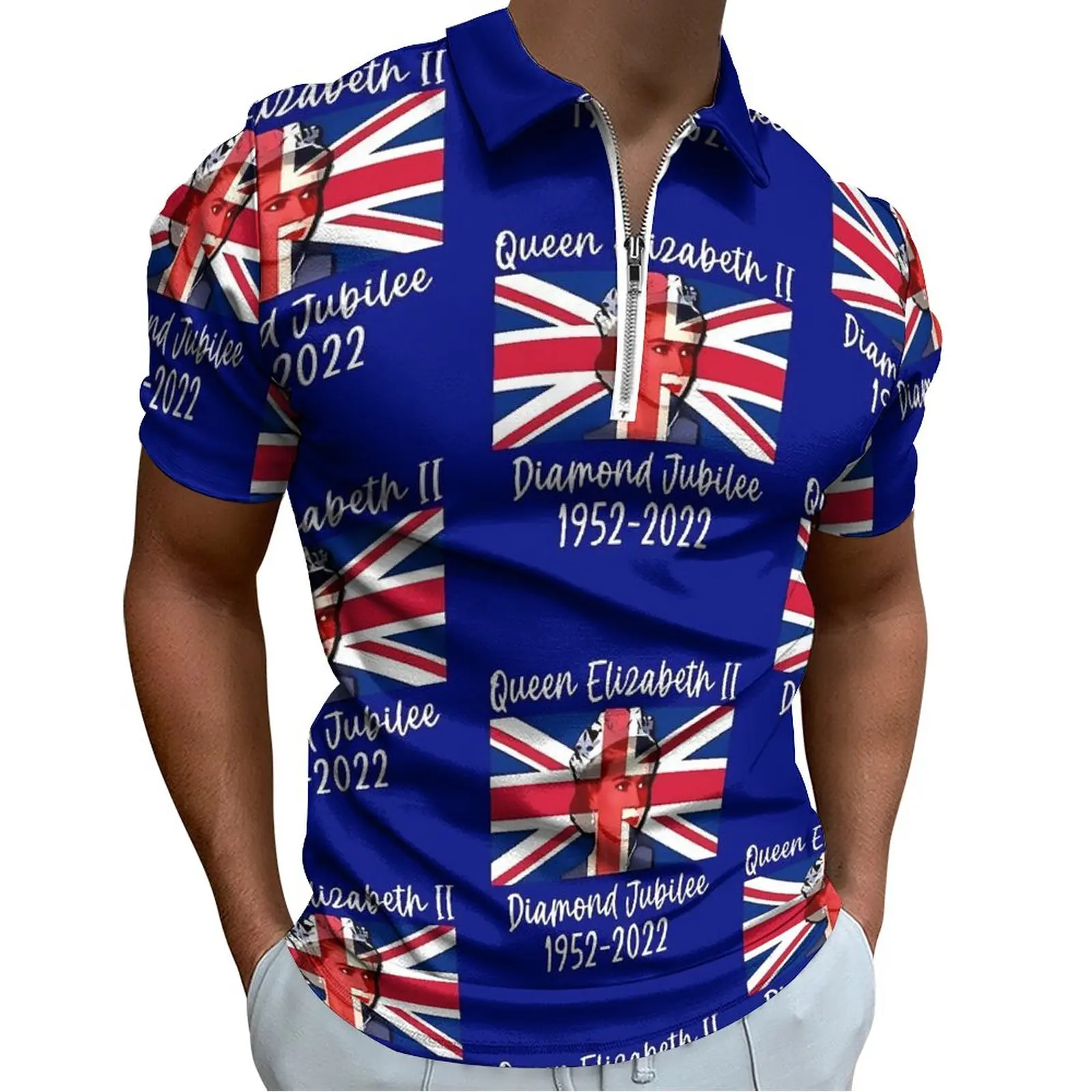 

British Flag Polo Shirts Mens Queen Elizabeth I Casual Shirt Summer Y2K Zipper T-Shirts Short Sleeves Custom Oversize Tops