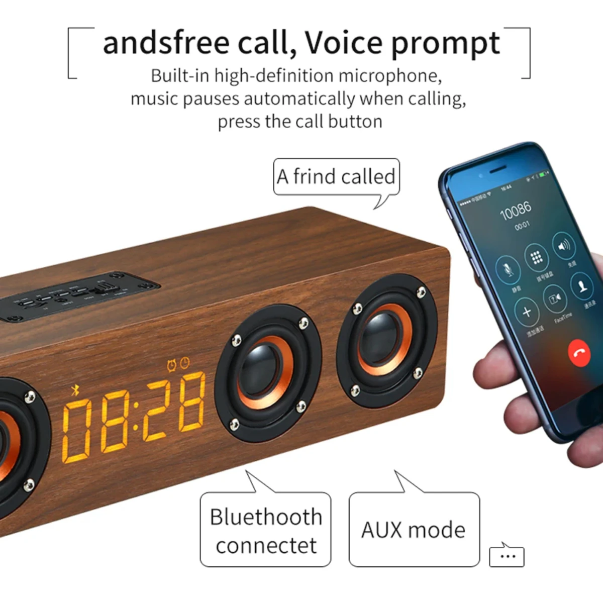 Перезаряжаемый деревянный будильник с Bluetooth-саундбар сабвуфером динамиком и