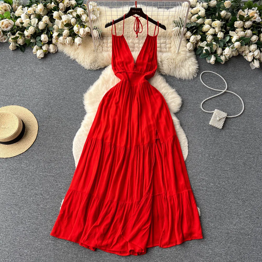 

Новое модное красное платье-трапеция без рукавов с лямкой на шее, женская летняя тонкая сексуальная одежда с открытой спиной и высокой талией, платья для праздников L072