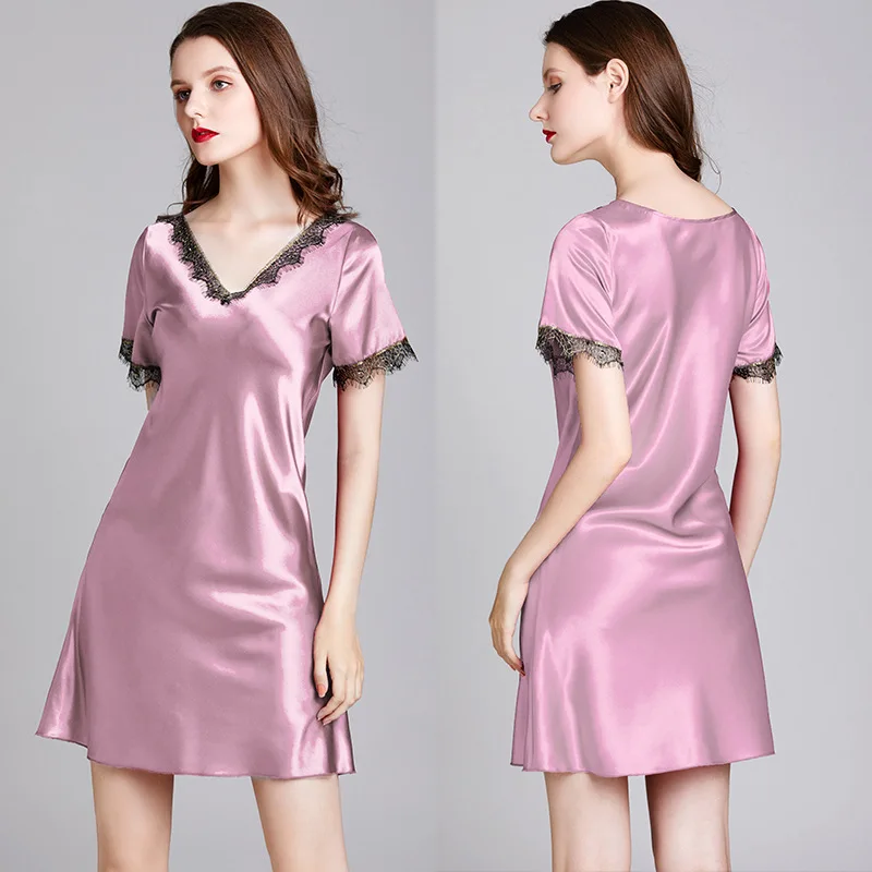 Women Lace Pure Silk Silky Homewear Nightgown 2022 New Satin Nightdress Sleepwear Casual Silky Home Dressing Gown Home Clothes