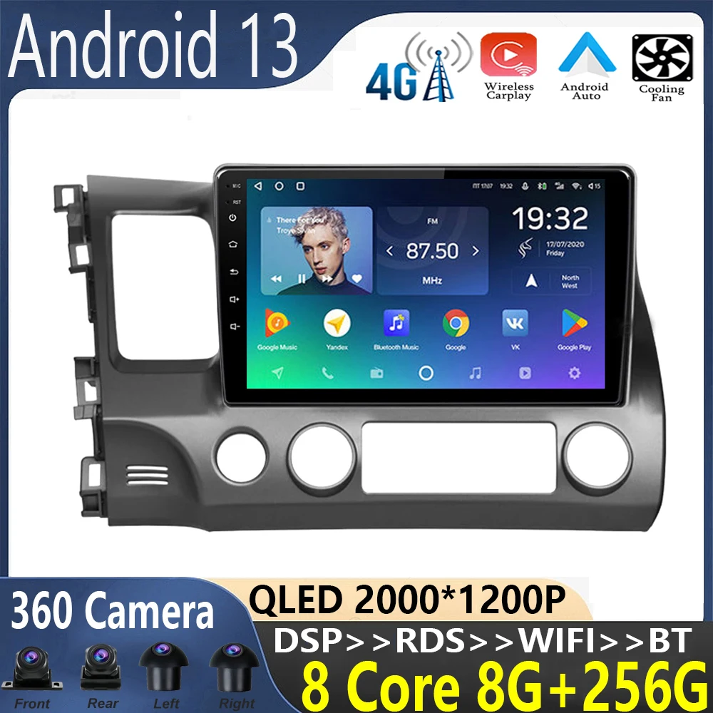 

Автомагнитола 9 дюймов, Android 13, для Honda Civic 8 FK FN FD 2005 -2012, мультимедийный видеоплеер, навигация No 2din, 2 Din, DVD, авто