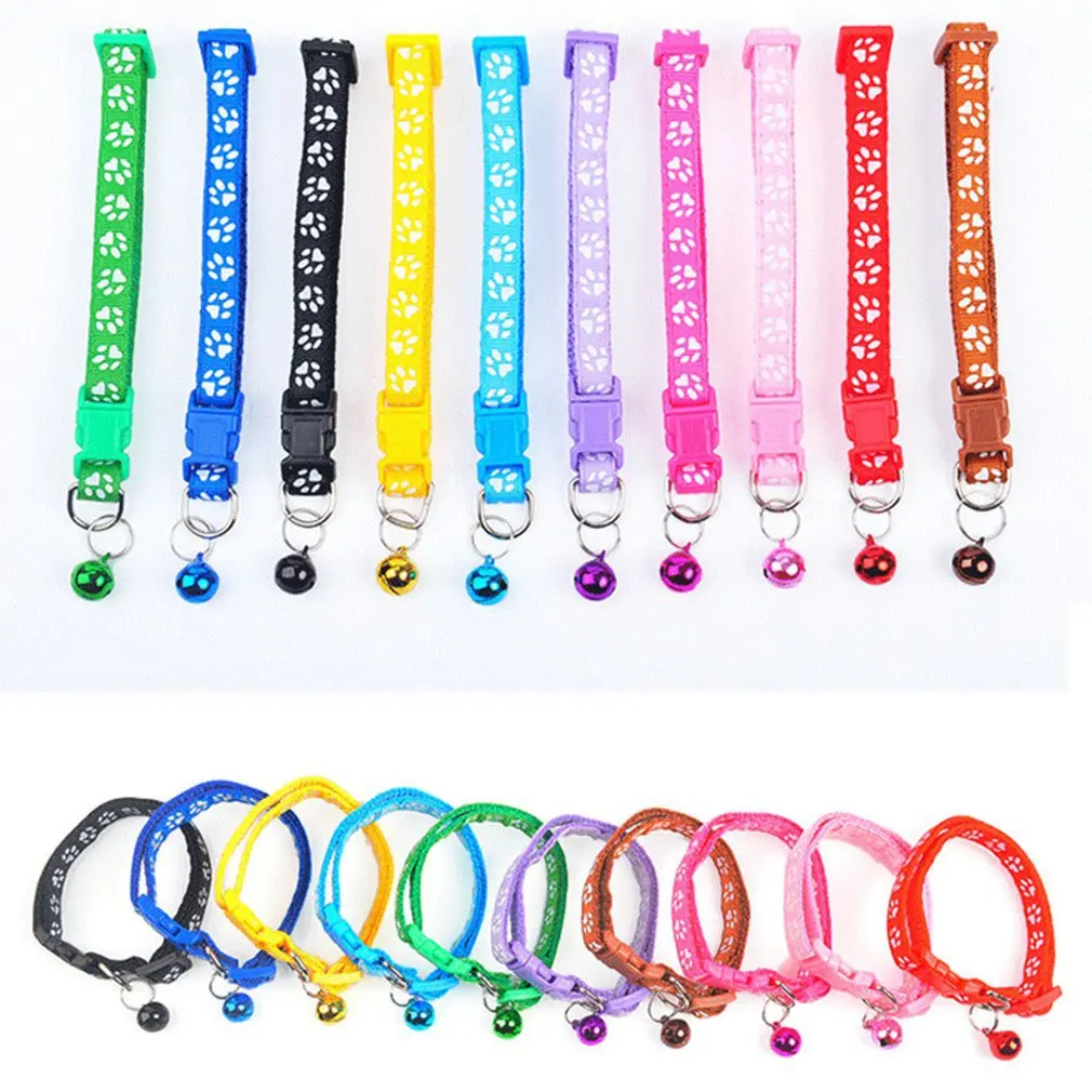 

6PCS Adjustable Nylon Footprint Buckle Ribbon Cute Paw Print Necklace Pet Cat Bell Collar for Kittens Puppy Neck Straps Toys