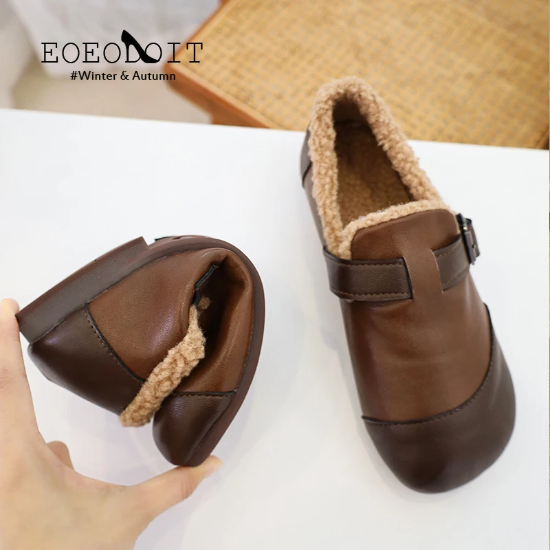 

Кроссовки EOEODOIT женские плюшевые, теплая Повседневная обувь, плоская подошва, квадратный носок, кожа, лоферы, плоская подошва, зима
