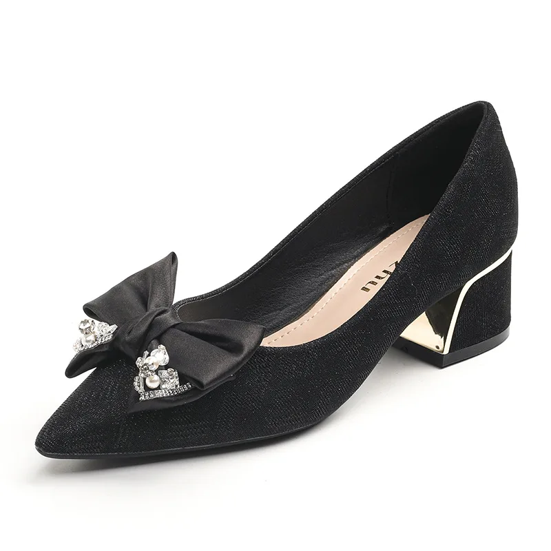 Size 35-43 Women Pointed Toe Leather Flats Shoes Heels Pumps Designer Style Party Wedding Bowknot Office Lady Slip on Dress Shoe