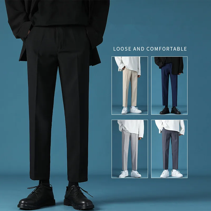 

Мужская одежда корейские однотонные хаки повседневные синие Летние черные укороченные брюки цветные Свободные Костюмные брюки серые брюки и прямые весенние