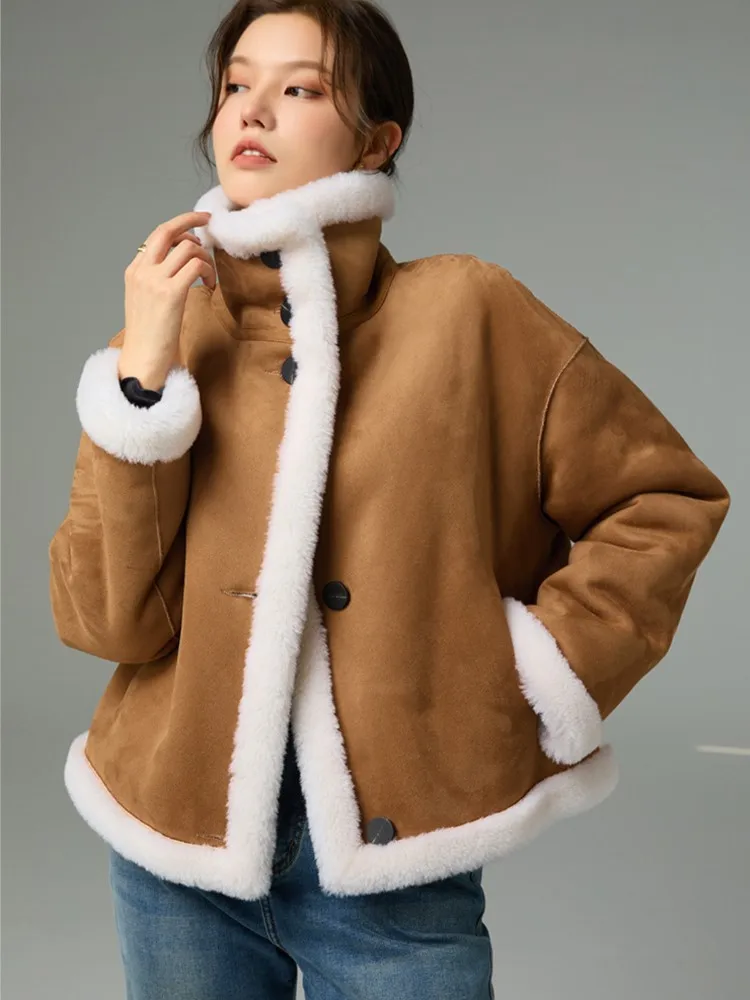 

2022 Двусторонняя одежда из натурального меха с большим воротником, замша, 100 шерсть, овечья шерсть, пальто средней длины, пальто с мехом, manteau fourrure femme