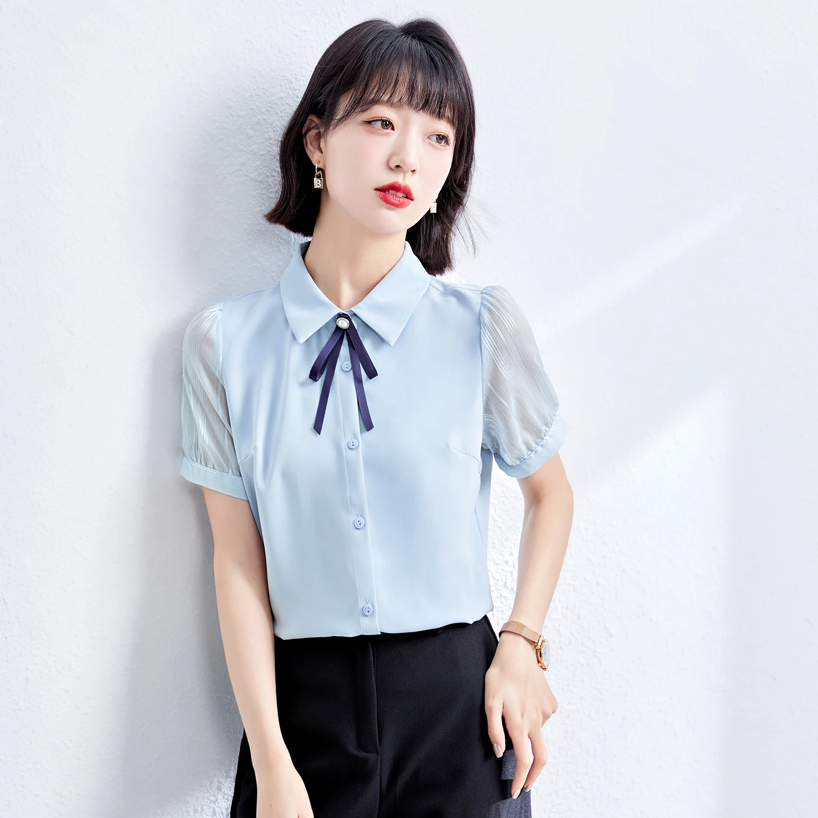 

Женская шифоновая блузка с коротким рукавом-фонариком, Однотонная синяя офисная блузка с отложным воротником в Корейском стиле, 2022