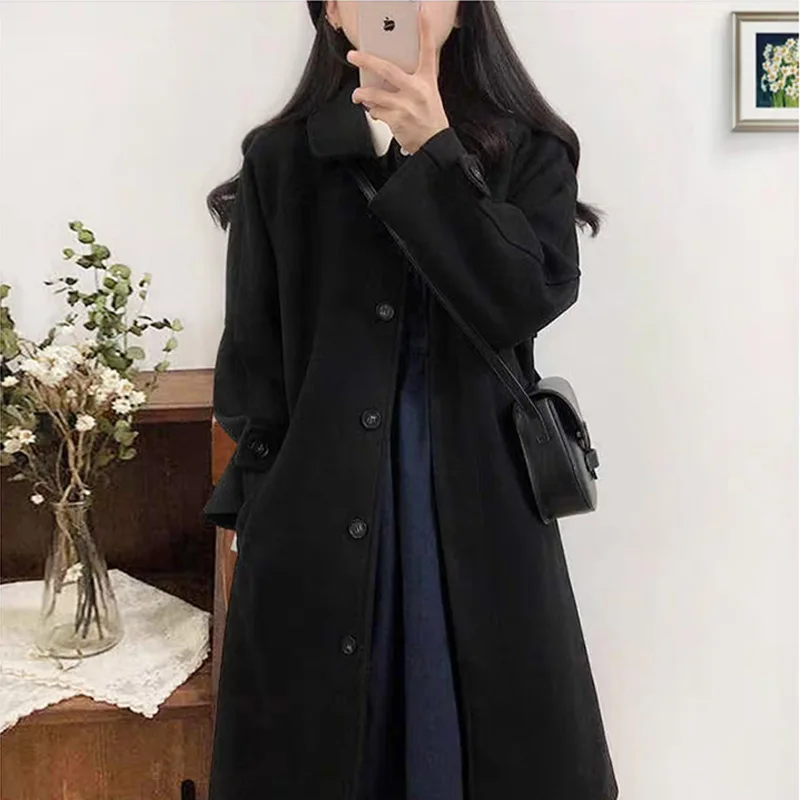 

2023 Ladies Winter Long Coats Women Plain Bottom-up with Pockets Wool and Blends Coat Female Koren Fashion Warm Clothes Outfits