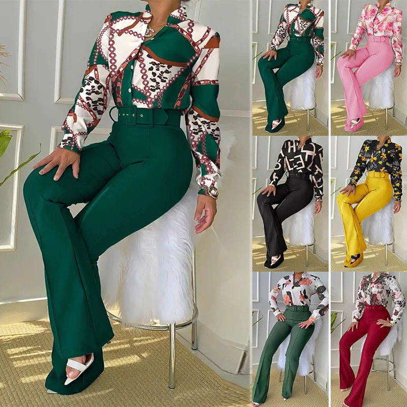 

Luxury Brand Cloth Ladies Women Casual Suit Printed Stand Collar Long Sleeve Shirt Top Wide Leg Pants Two Piece Set with Belt