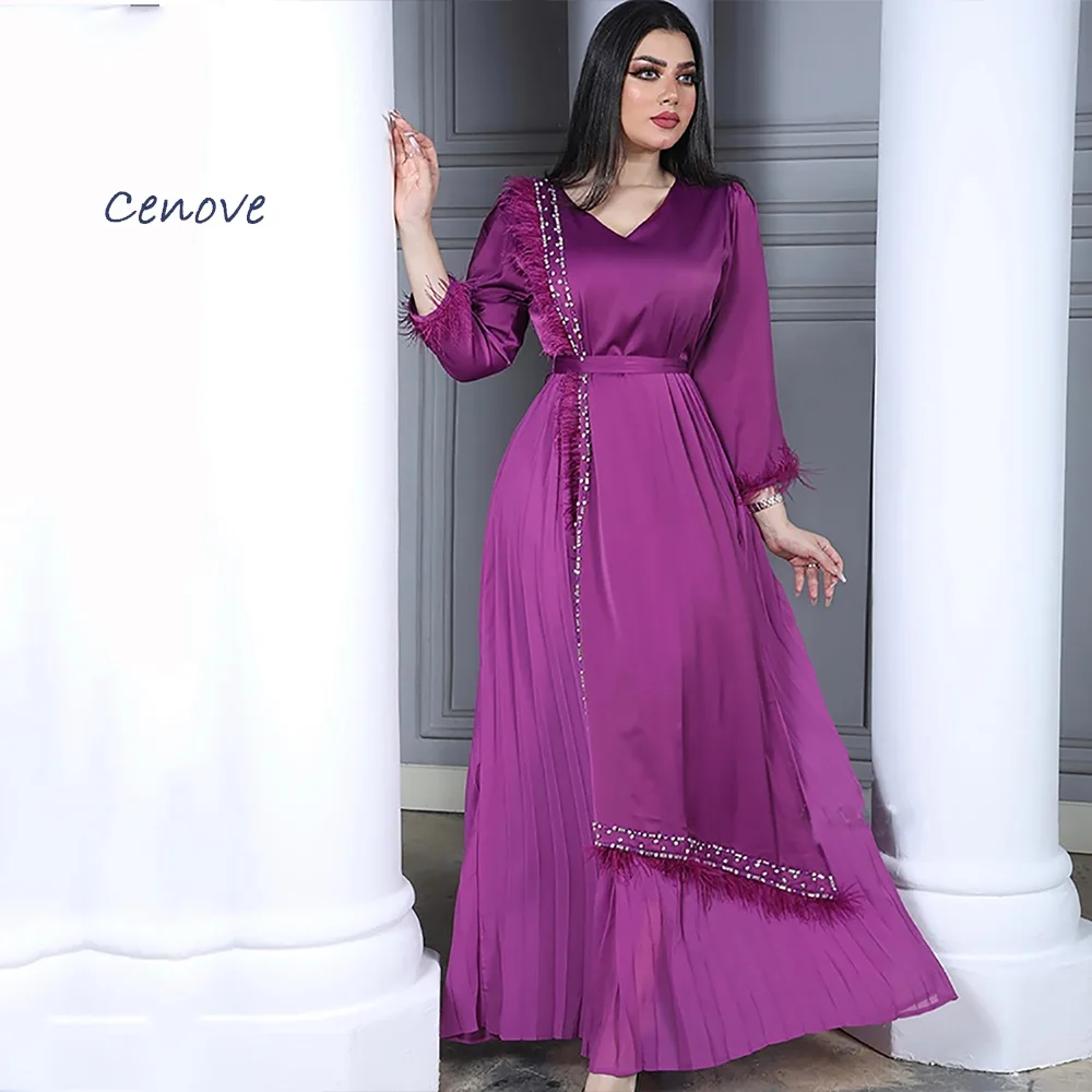 

Cenove V-Neck Formal Vintage Long Sleeves A-Line Evening Dresses Purple Satin Prom Gowns Elegant Party Dress for Women 2023