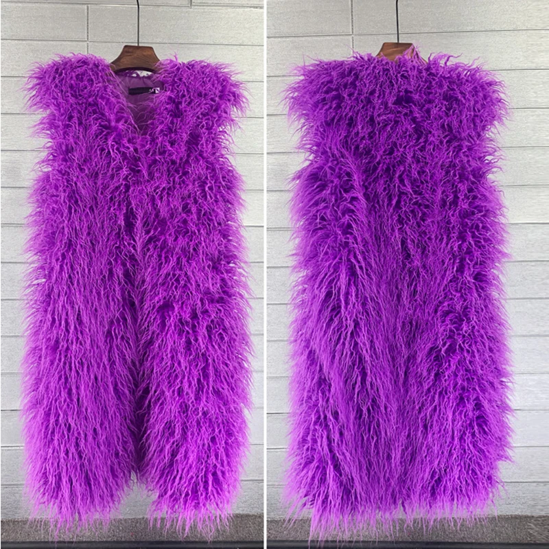 Faux Mongolia Sheep Fur Women Long Vest Colorful Warm Faux Fur Big Size Plush Coats Female Jacket Autumn Winter Furry Outerwear