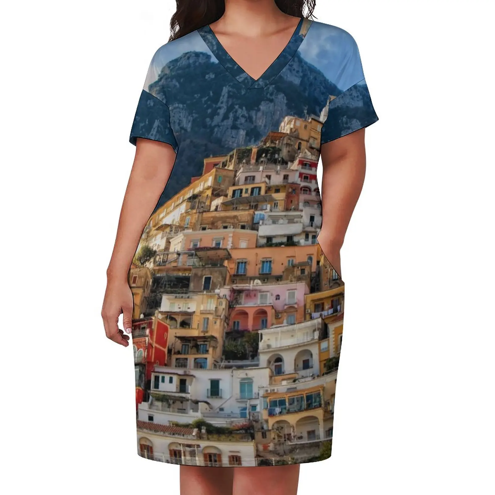 

Architecture Mountains Dress Female Italy Positano Aesthetic Casual Dress Summer V Neck Kawaii Oversized Dresses Gift