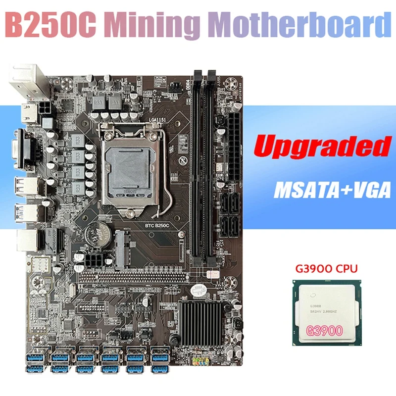 B250C BTC Mining Motherboard With G3900 CPU 12XPCIE To USB3.0 Graphics Card Slot LGA1151 Support DDR4 DIMM RAM For Miner
