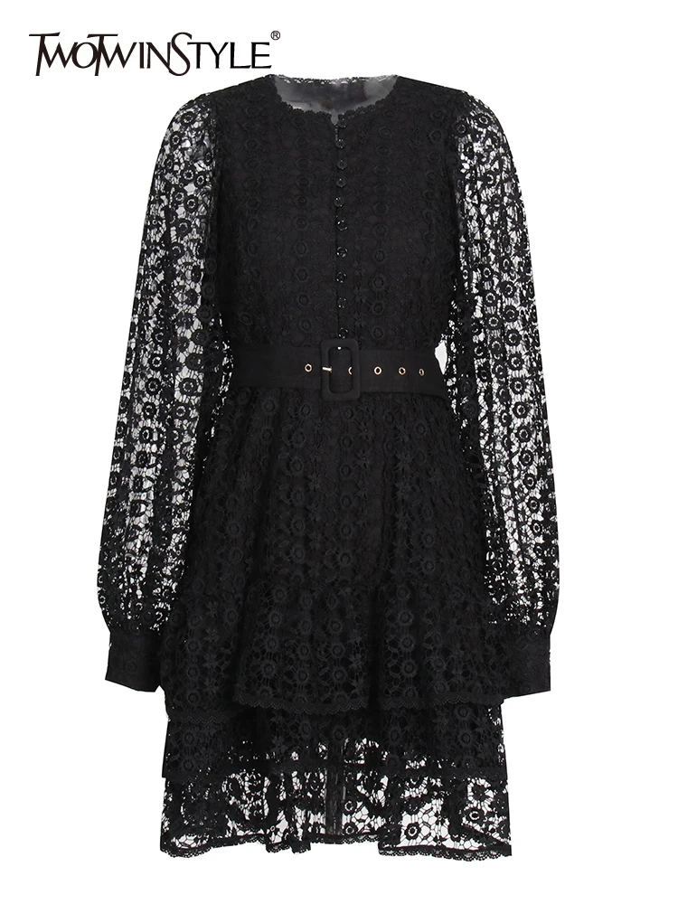 

TWOTWINSTYLE White Elegant Dress For Women Round Neck Lantern Sleeve High Waist Solid Cut Out Mini Dresses Female Clothing 2022