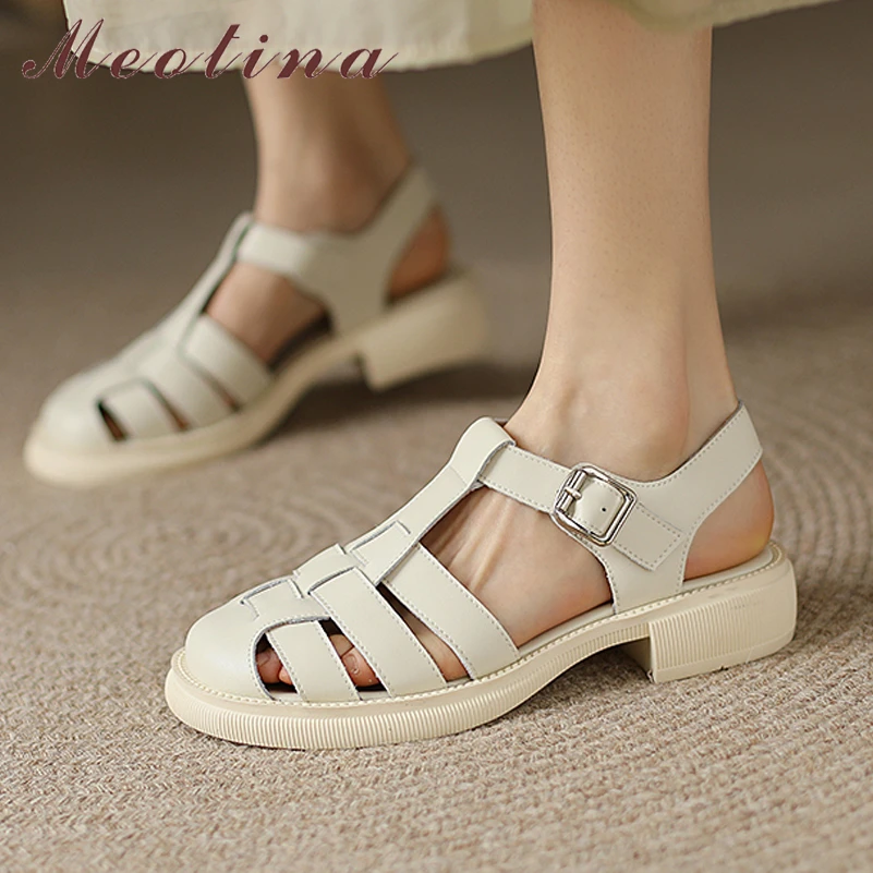 

Meotina Women Genuine Leather Gladiator Shoes Mid Heel Summer Buckle Sandals Thick Heel Narrow Band Ladies Footwear Beige Brown