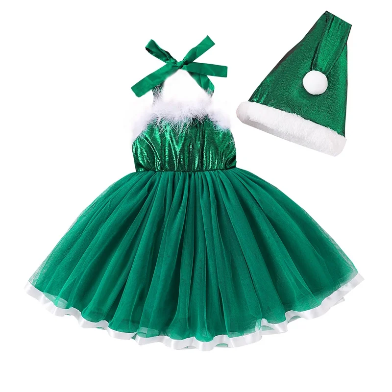

Toddler Baby Girls Christmas Costume Party Dress with Hat Ruched Fluff Trim Tulle Tutu Mini Dress with Santa Hat