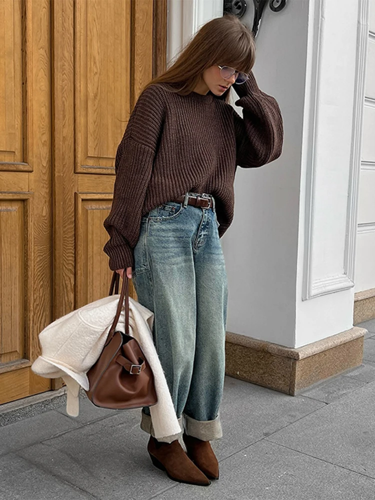 Винтажный вязаный женский свитер оверсайз с длинными рукавами-фонариками и