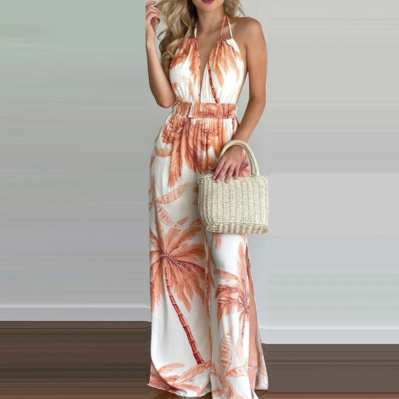 

2022 Women Summer Tropical Print Halter V Neck Wide Leg Jumpsuit Backless Sexy Casual Beachwear Vacation Sleeveless Jumpsuits