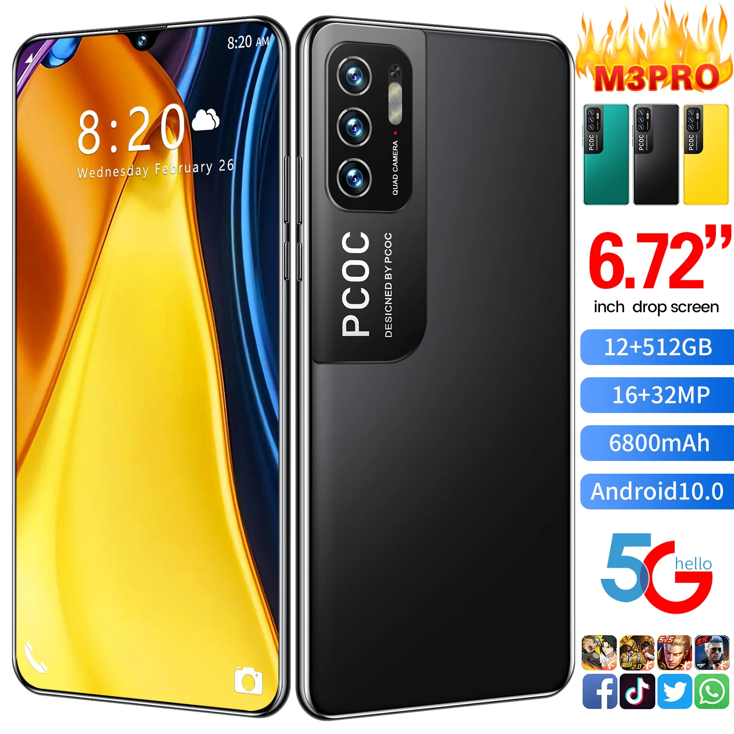 

Global Version M3 Pro 6.72 Inch HD Smartphone 12GB+512GB Best Celular Android 10 Mobile Phones 4G/5G 6800mAh Dual Card Cellphone