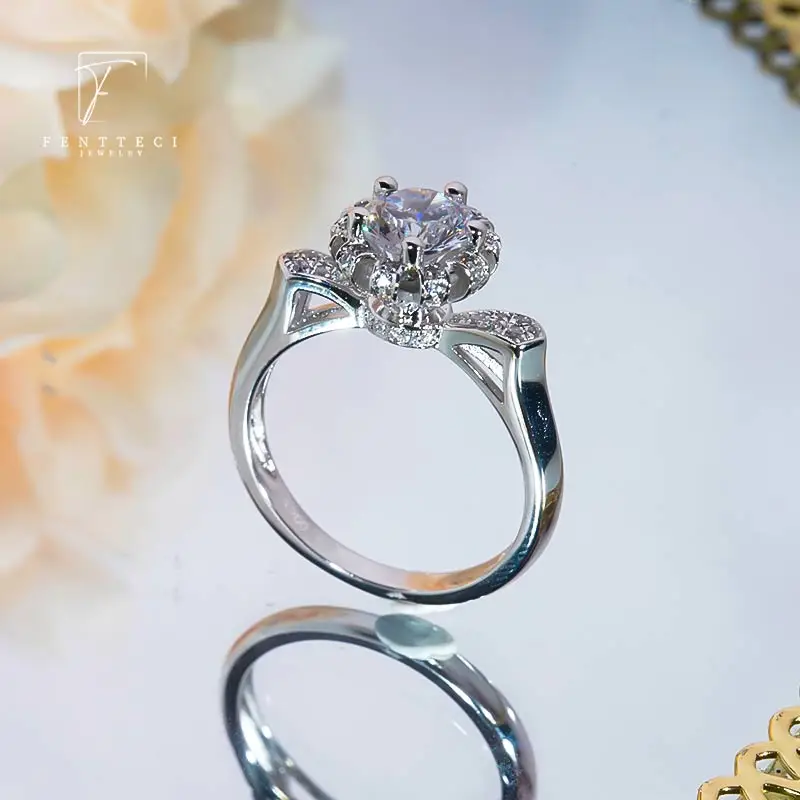 FENTTECI 925 Sterling Silver Luxury Flower Ring Moissanite 6 Prongs Holding Flower Bud 1ct Diamond Ring Female Wedding Proposal