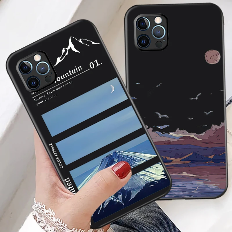 ink painting mountains and rivers phone case for funda iphone 11 13 pro max 12 mini x xr xs 6 6s 7 8 plus black celular free global shipping