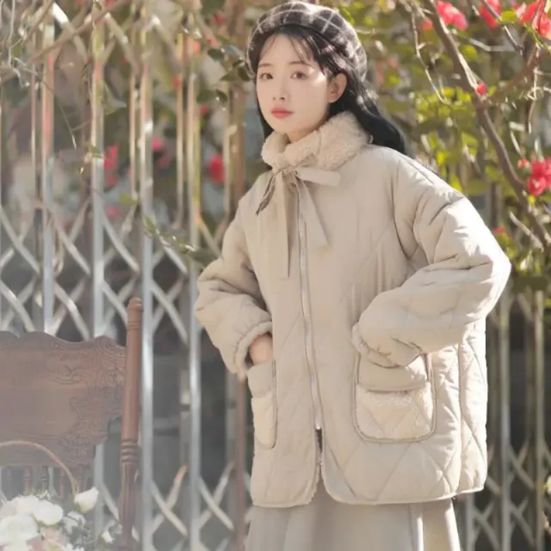 Lamb Wool Coat Female Winter Korean Loose Pockets Plush Thick Warm Parkas Women Cotton Padded Jacket Japanese Jackets Apricot