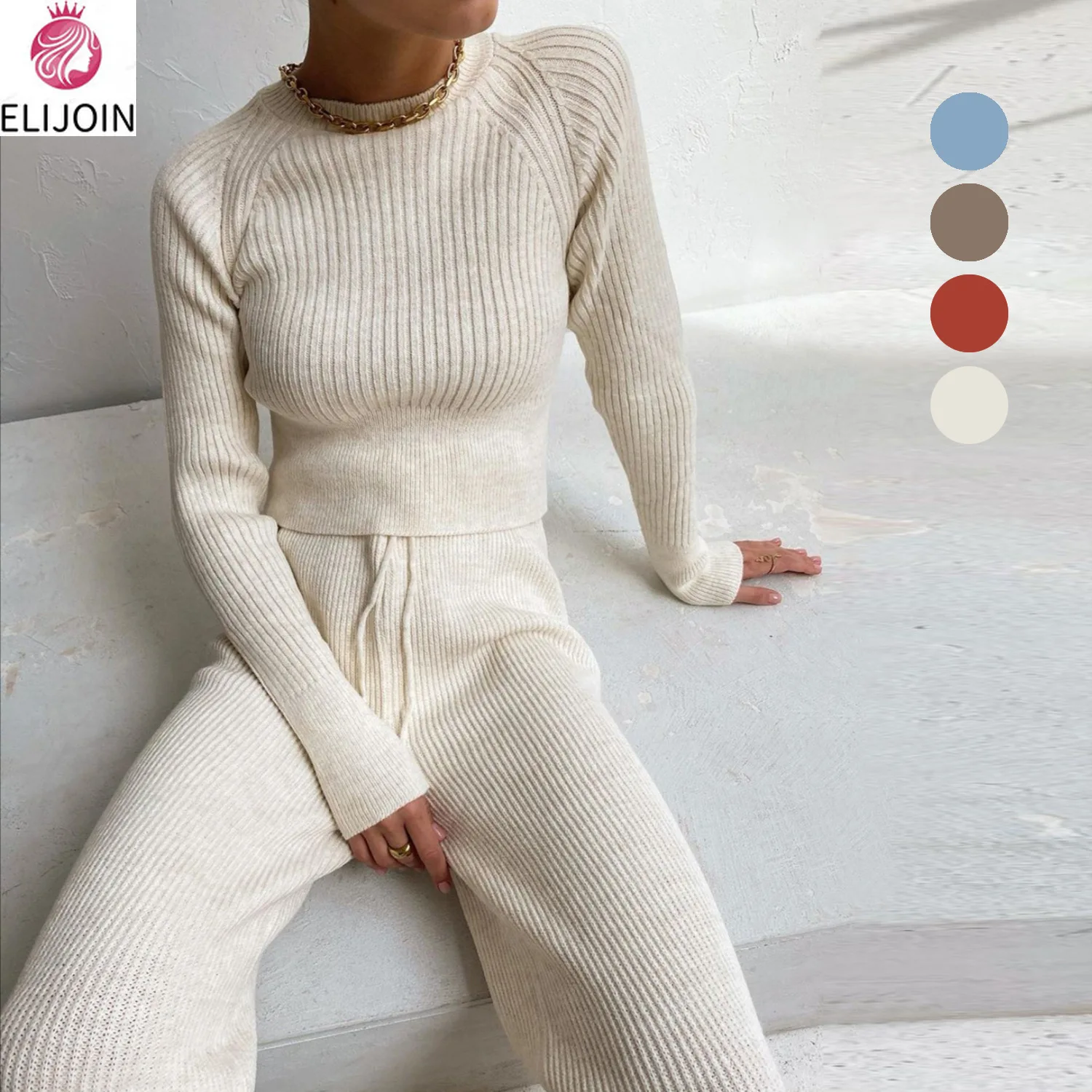 

ELIJOIN 002 winter knitted casual two-piece women's wide-leg pants long sleeve top white warm sweater set