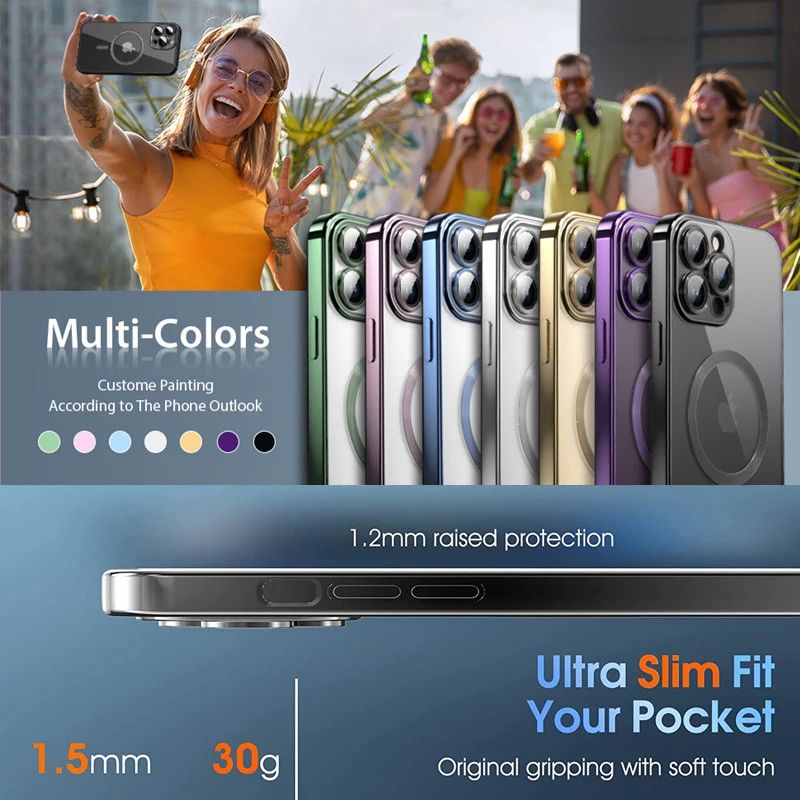 Luxury Magnetic Case For Magsafe Wireless Charging For iPhone 14 13 12 11 Pro Max Plus Lens Protector Clear Plating Soft Cover