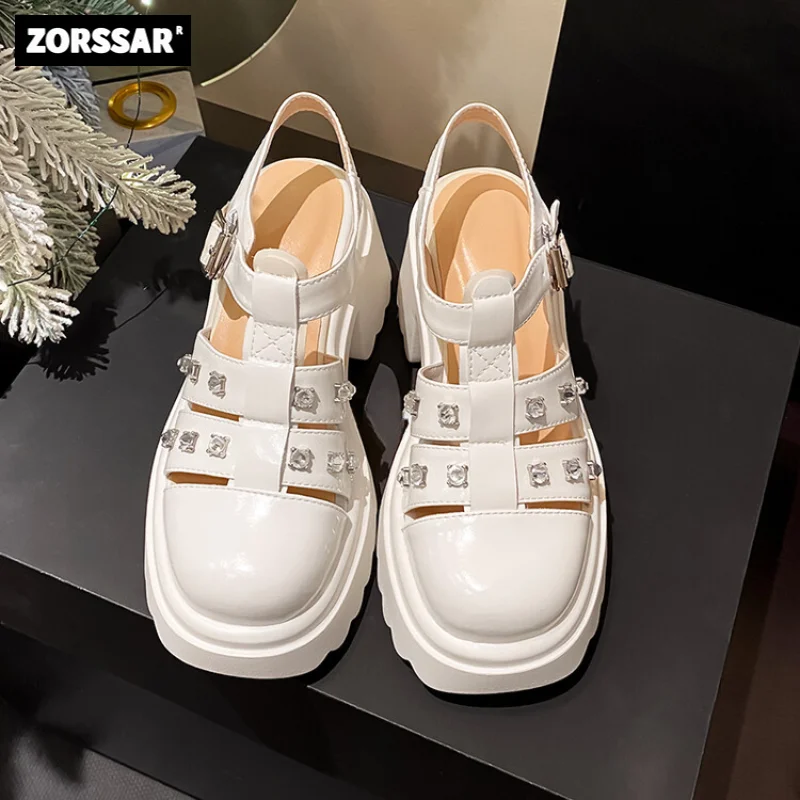 

2023 Fashion Women Roman Sandals Genuine Cow Leather Closes Toe Chunky Heels Sandals Ladies Platform Casual Summer Shoes white