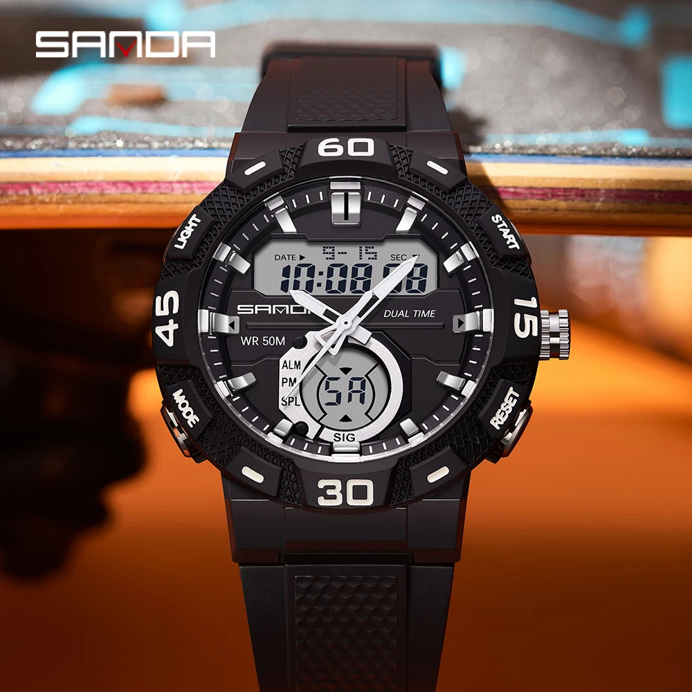 

SANDA Fashion Brand Dual Display Quartz Watch Japan Battery Electronic Watches For Man 50M Waterproof Sport Clock Men's Watches