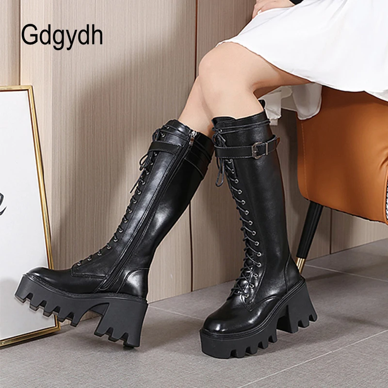 Купи Gdgydh Knee High Boots Women Gothic Style Lace Up Chunky Platform Lug Sole Boots For Women Buckle Strap Adjustable Calf Boots за 2,399 рублей в магазине AliExpress