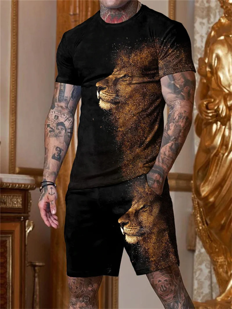 Summer Men Tracksuits Set Animal Lion 3d Printed Short Sleeve T Shirt Shorts 2 Piece Suit Casual Outfits Fashion Man Clothing